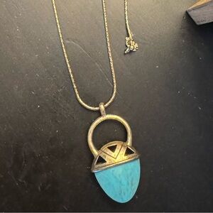 Boho Turquoise Teardrop Pendant Necklace Brass Tone Long Chain adjustable length